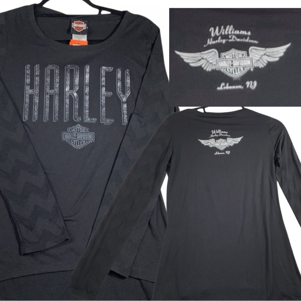 NWT Harley Davidson Long Sleeve Graphic T-Shirt Womens V-Neck Biker Moto S Black